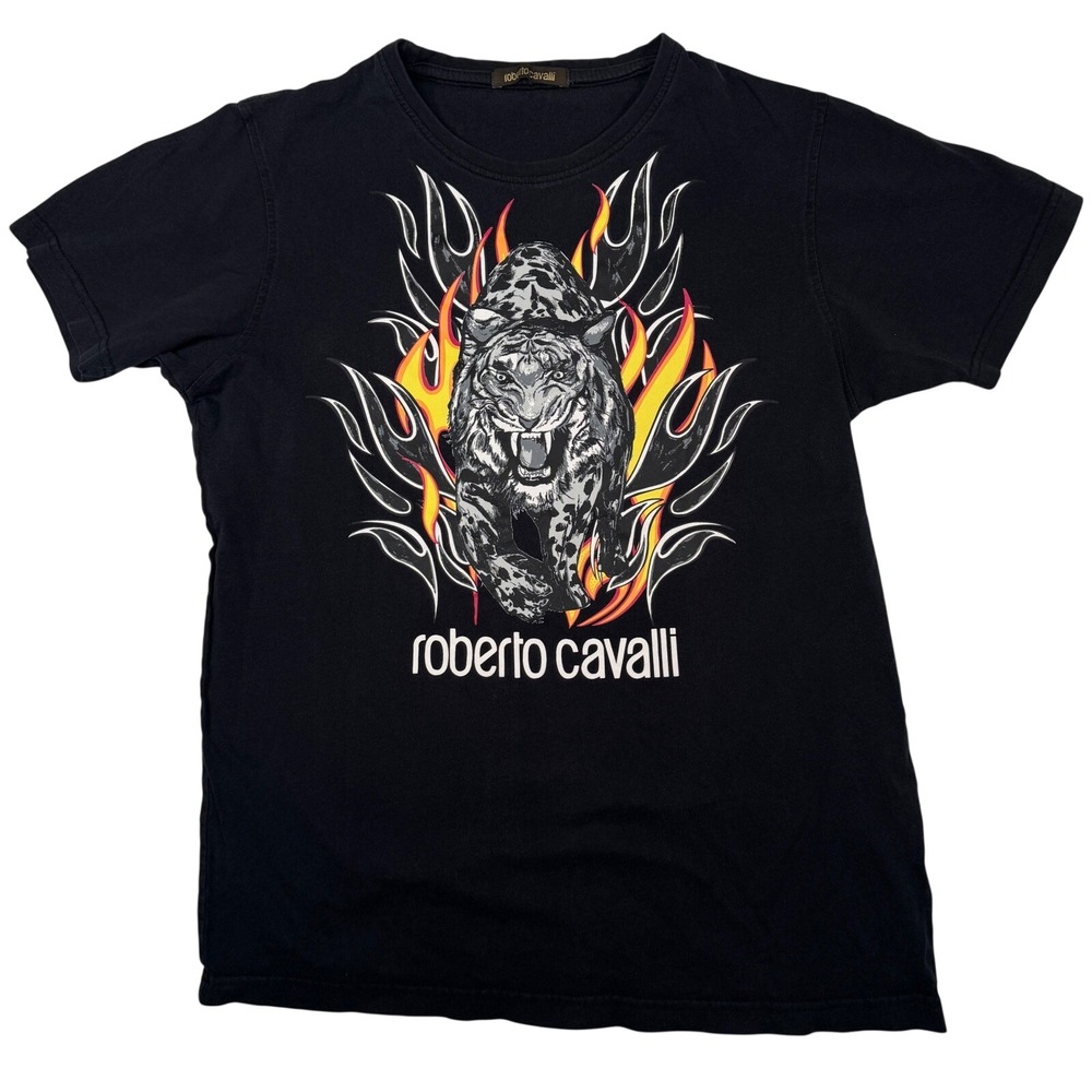 Roberto Cavalli Tiger Flame Graphic T Shirt Black Designer Luxury